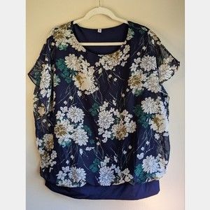 Floral Dark Blue Chiffon Blouse